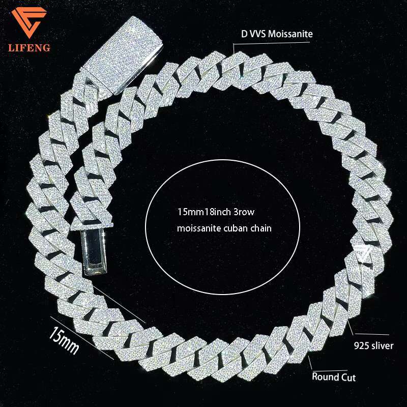 Lifeng Jewelry 15MM Honeycomb Set VVS1 Moissanite Necklace Solid Silver White Gold Plated Cuban Link Chain Bust Miami Chain
