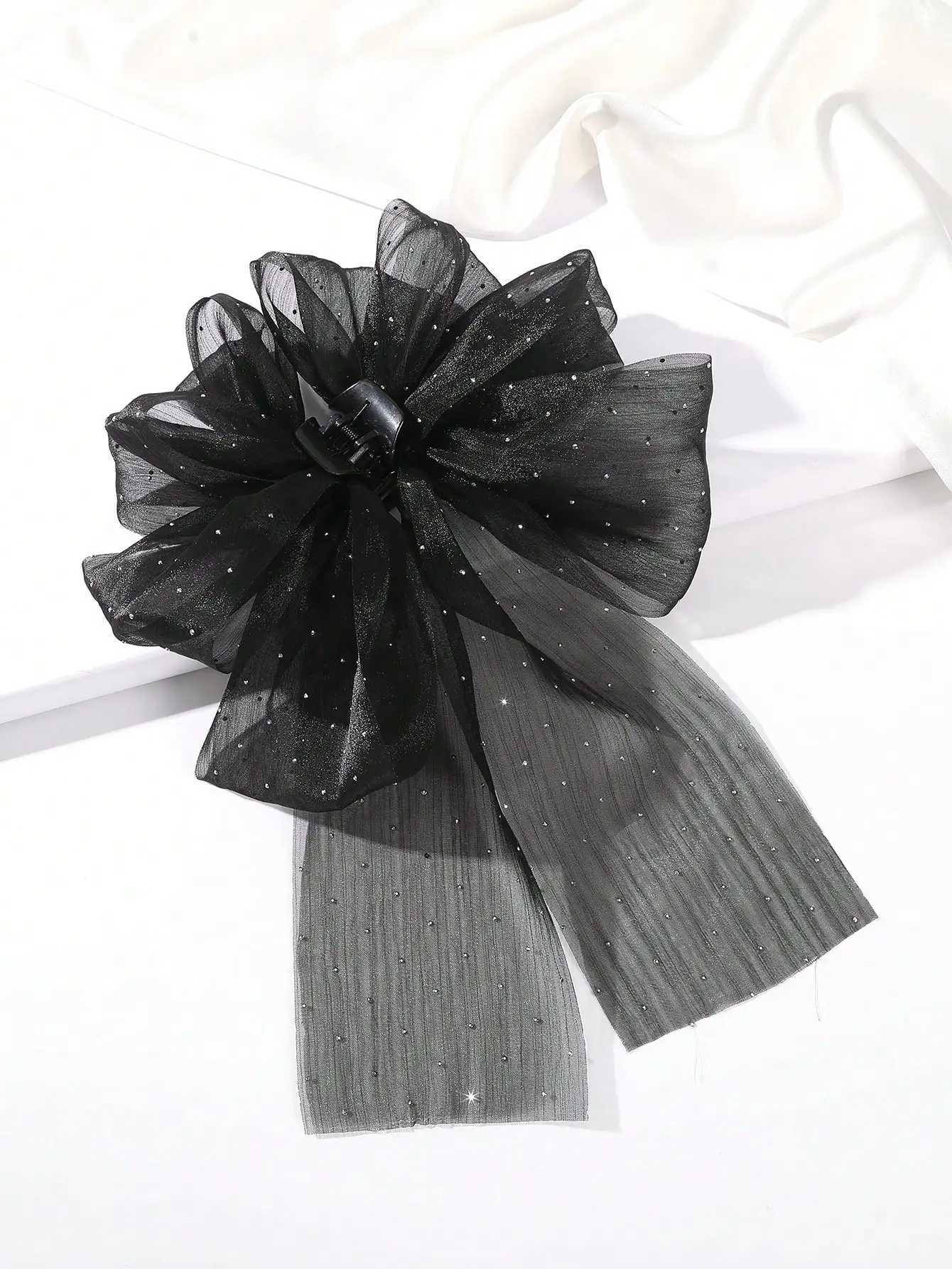 1 Pcs Fashion Solid Black Dot Long Ribbon Bow Hair Claws For Women Girls Party Hair Accessories Z250707
