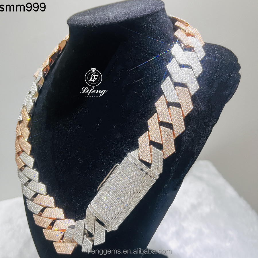 Mens Hip Hop Cuban Chain Necklace 20mm 4rows VVS Moissanite Diamond Rose Gold White Gold Plated Link Gift