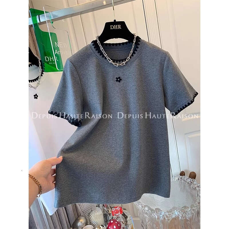 Korean Style Embroidered White Short T-Shirt For Women Summer Regular Shoulder Half Sleeve Slimming Belly Covering Top Trendy Pure Cotton B5