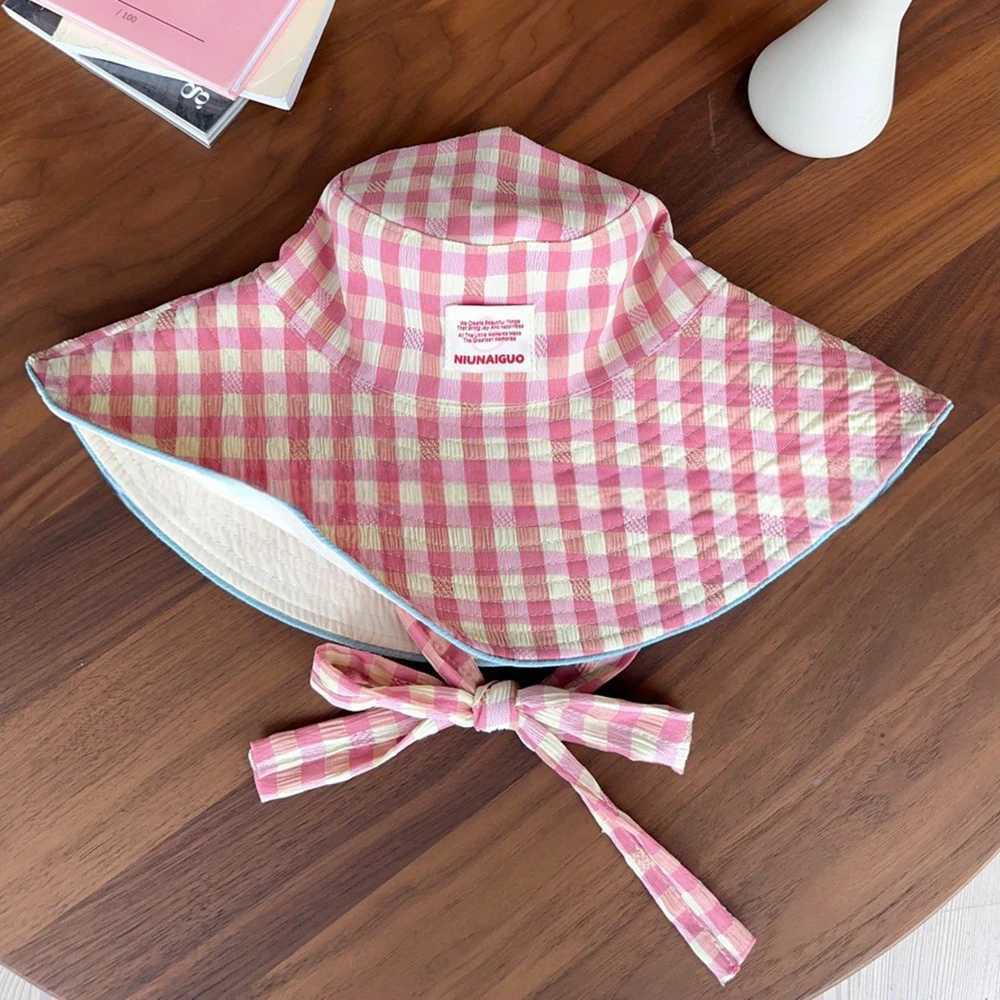 Versatile Double-Sided Bucket Cap Face Show Wearable Color Clash Plaid Sun Hat Breathable Women Fisherman Cap for Vacation Y250707
