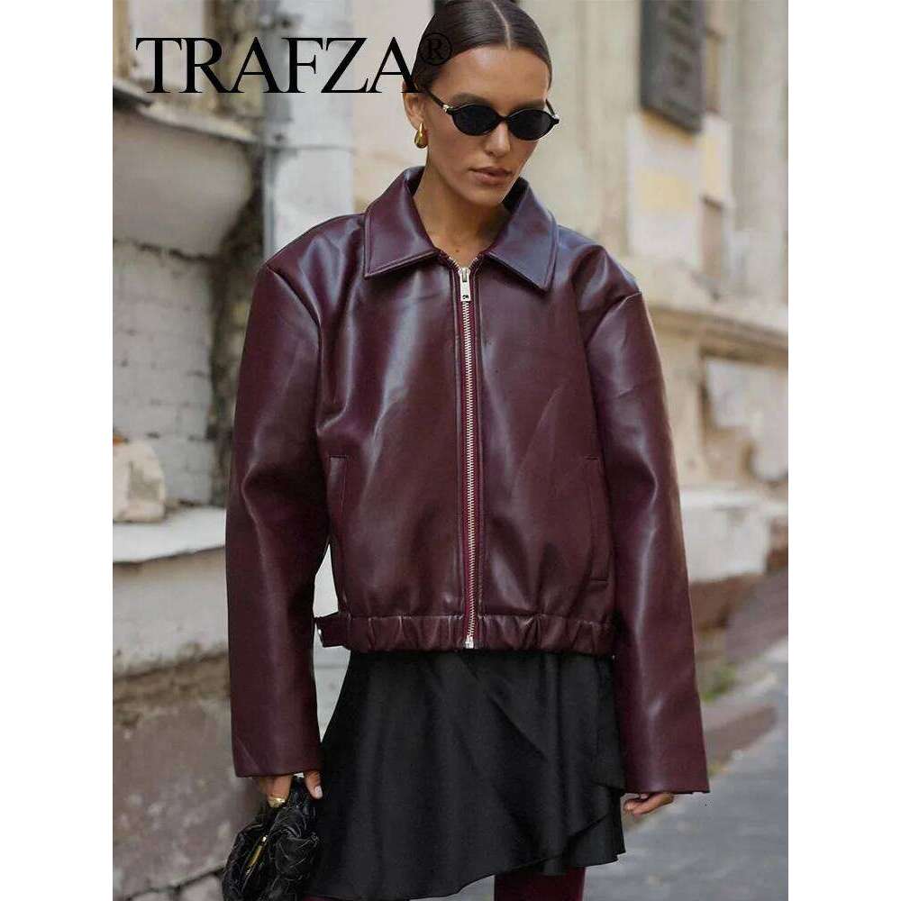 TRAFZA Women Autumn Fashion Bury Faux Leather Jackets Zipper Casual Lapel Long Sleeves Coat Female High Street PU Outerwear
