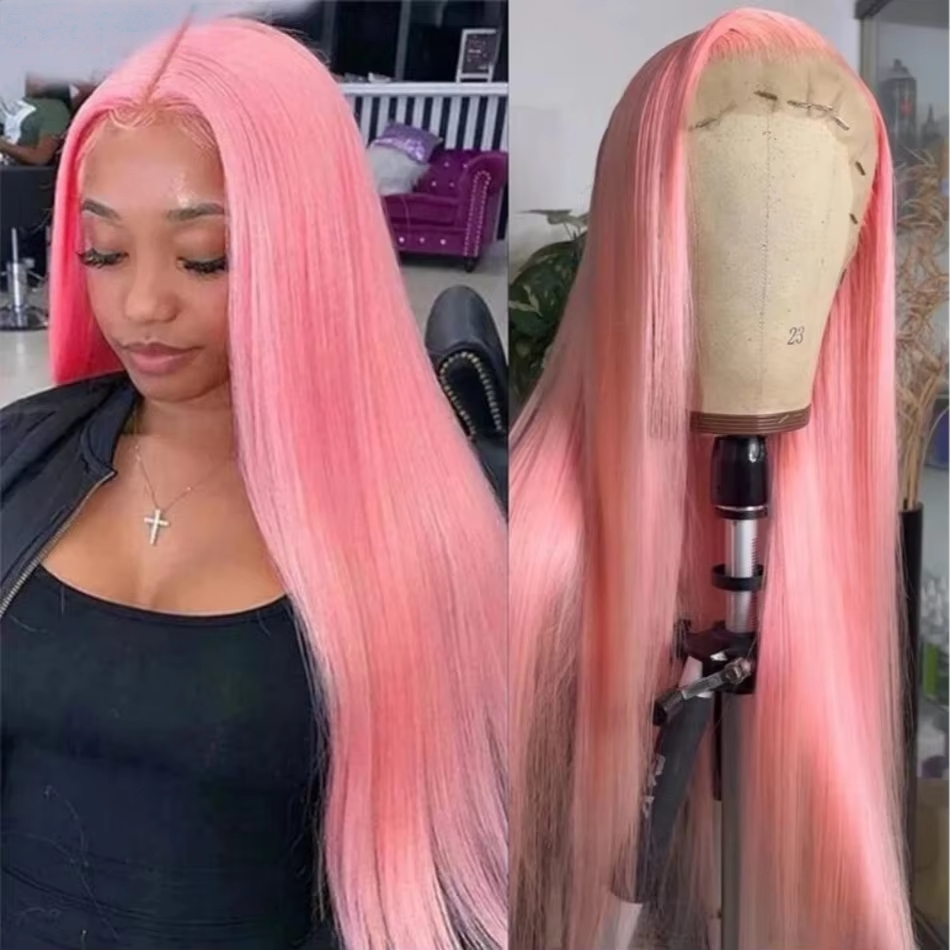 Straight 13x4 Lace Front Wig Pink Simulation Human Hair Ready To Wear Black Lace Wig 34 Inch Lace Frontal Wigs Hd 250 Density Peruvian Hair Synthetic 
