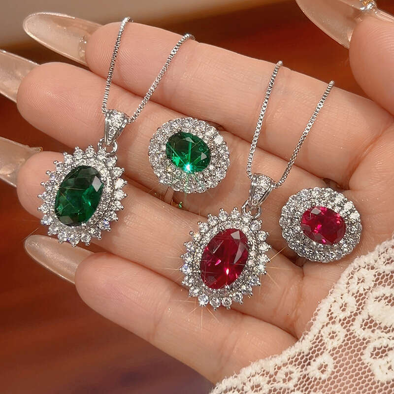Jewelry Set Necklace Ring Accessories Imitation Emerald Red Versatile Fashion Women's Style 374