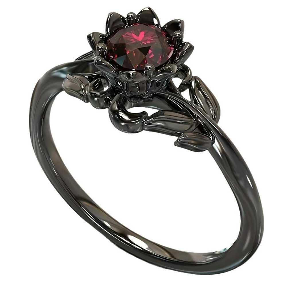 Womens Flower Shaped Red Crystal Ring Gun Black Electroplated Handmade Classic Jewelry Inlaid Cubic Zirconia Party Gift for Her XJ250707