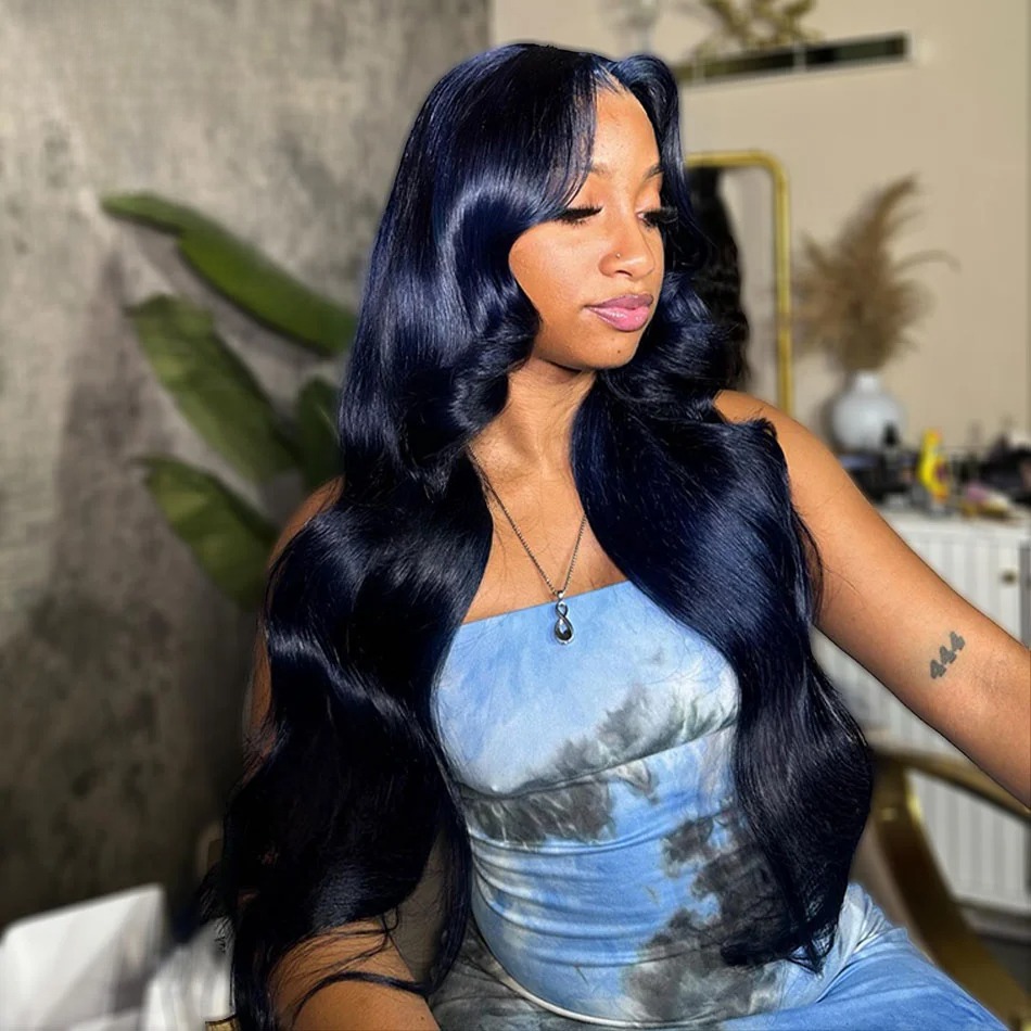Midnight Blue Lace Front Wig Human Hair 13x4 Ready Go Body Wave Lace Frontal Wig PrePlucked Lace Closure Wig Synthetic For Women
