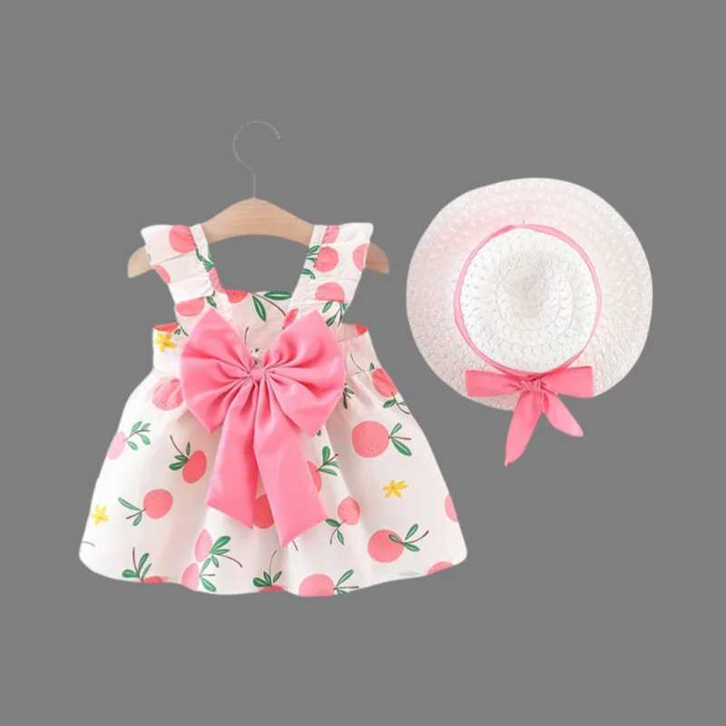 2-Piece Set of Toddler Girls Summer New Suspender Dress Childrens Babys Chest Big Bow Sweet Beach Dress with Hat Included R250707