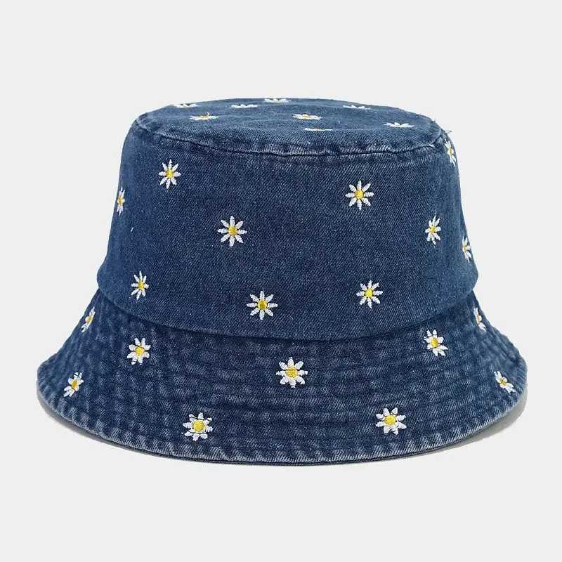 2024 Four Seasons Denim Flower Embroidery Bucket Hat Fisherman Hat Outdoor Travel Sun Cap for Men and Women Y250707