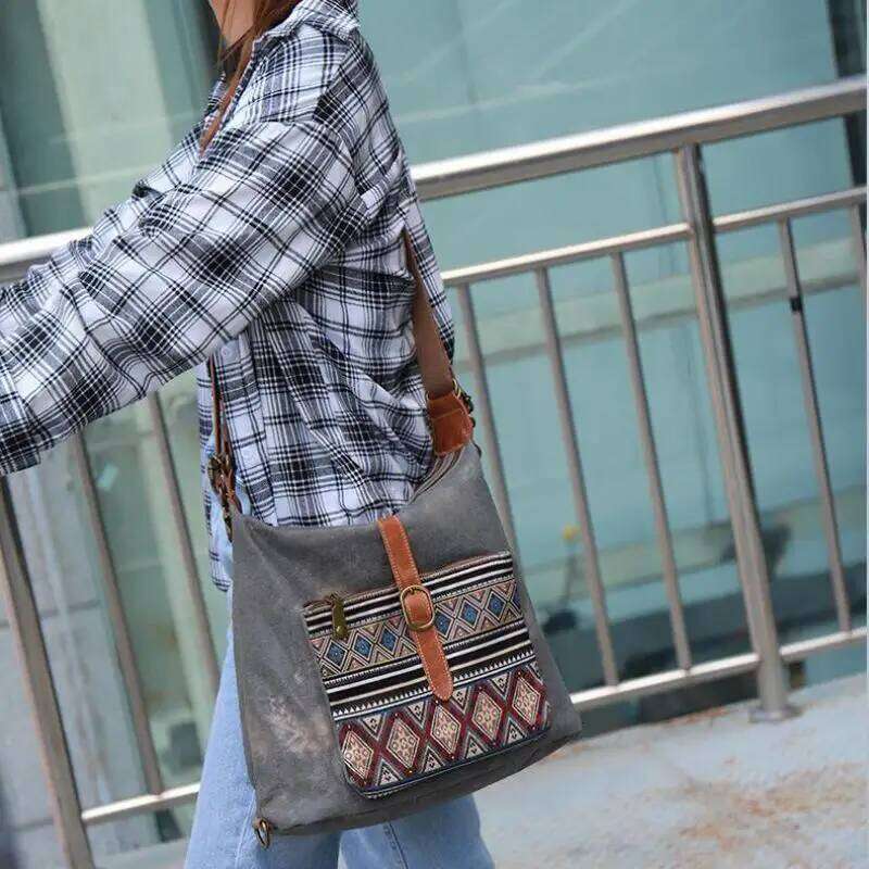 OLOEY Johnature 2025 New Denim Multipurpose Shoulder Bag Versatile Large Capacity Canvas Geometric Printed Women Crossbody Bags