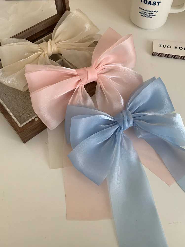 Sweet Blue Shining Satin Bowknot Hair Clip Big Ribbon Bow Barrette Solid Color Scarf Hairpin Ponytail Clip Hair Accessories Y250707