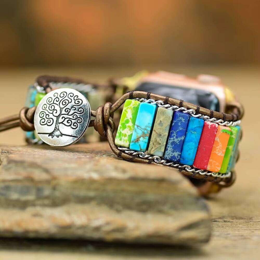 7 Chakra Chain Band Natural Stone Strap for iWatch 38mm 42mm Leather Bracelet Smart Watch Wholesale