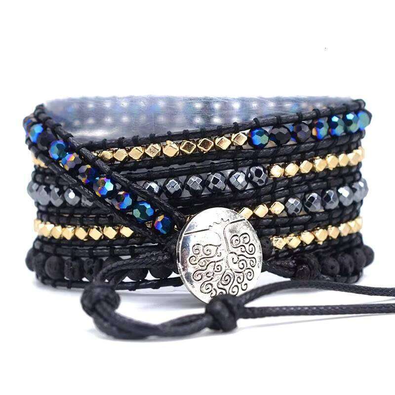 Adjustable Lava Stone Woven Vegan Bohemian Black Wax Rope Wrap Bracelet for Men and Women