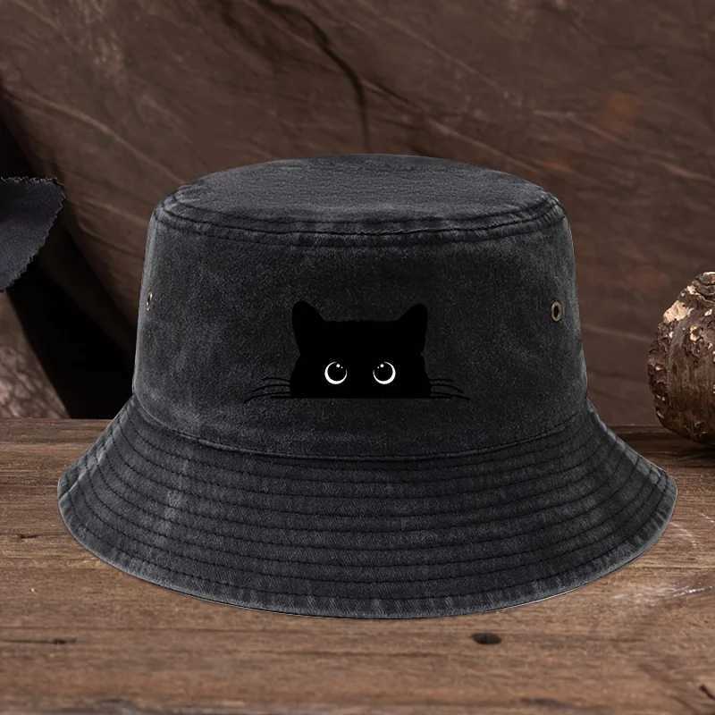 Tsute Black Cat Print Pattern Fisherman Hat With Vintage Style Suitable for Outdoor Travel for Men and Women Y250707