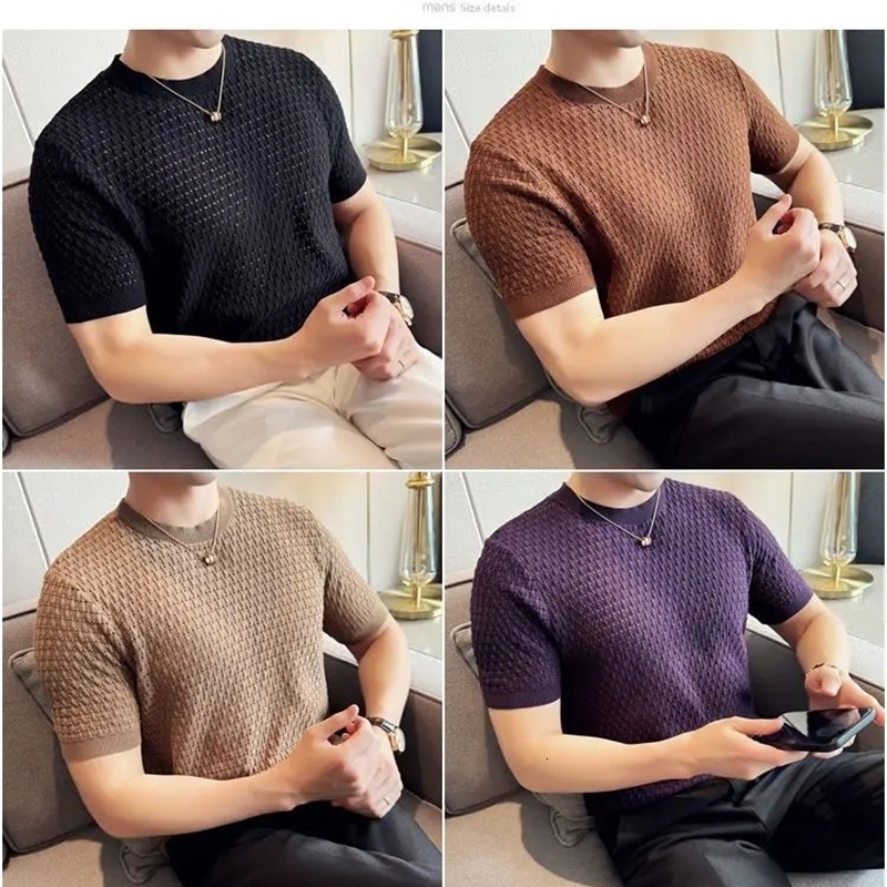 Korean Breathable Hollow Knitted Round Neck Short-sleeved T-shirt for Mens Summer Thin Casual Slim Fit Trendy T-shirt 250617