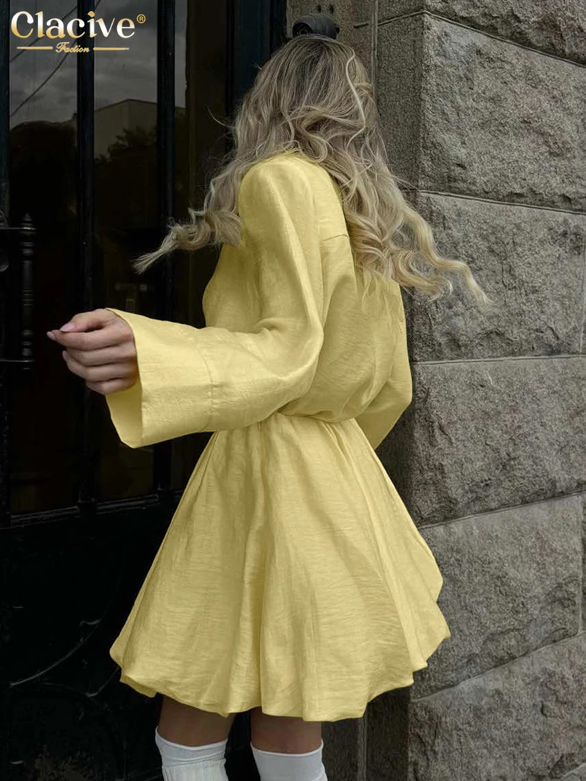 Clacive Fashion Loose Yellow Womens Two Pieces Set 2025 Elegant Long Sleeve Shirt With High Waist Pleated Mini Skirt Set Female 250703