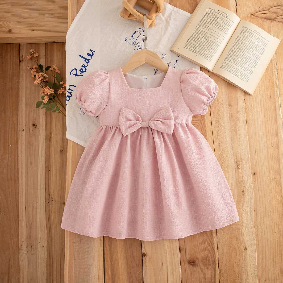 Baby Girl Dress Summer Bow Solid Color Square Neck Bubble Sleeve Simple Girls Dress Cute Casual Baby Girl Clothing R250707