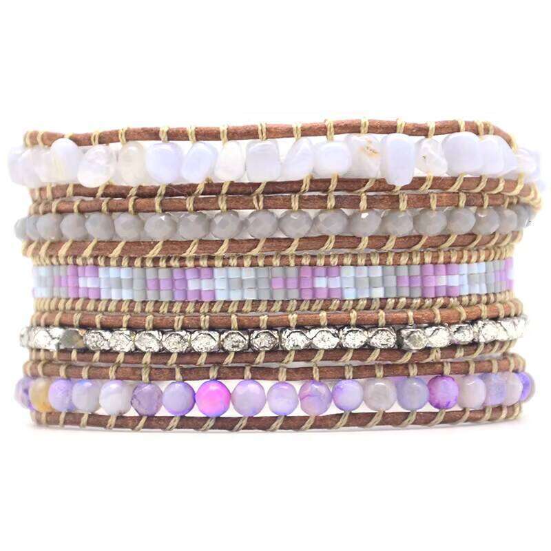 Bohemian Woven Wrapped Japanese Miyuki Seed Beads Bay Agate Leather Bracelet Women's Gift & ODM
