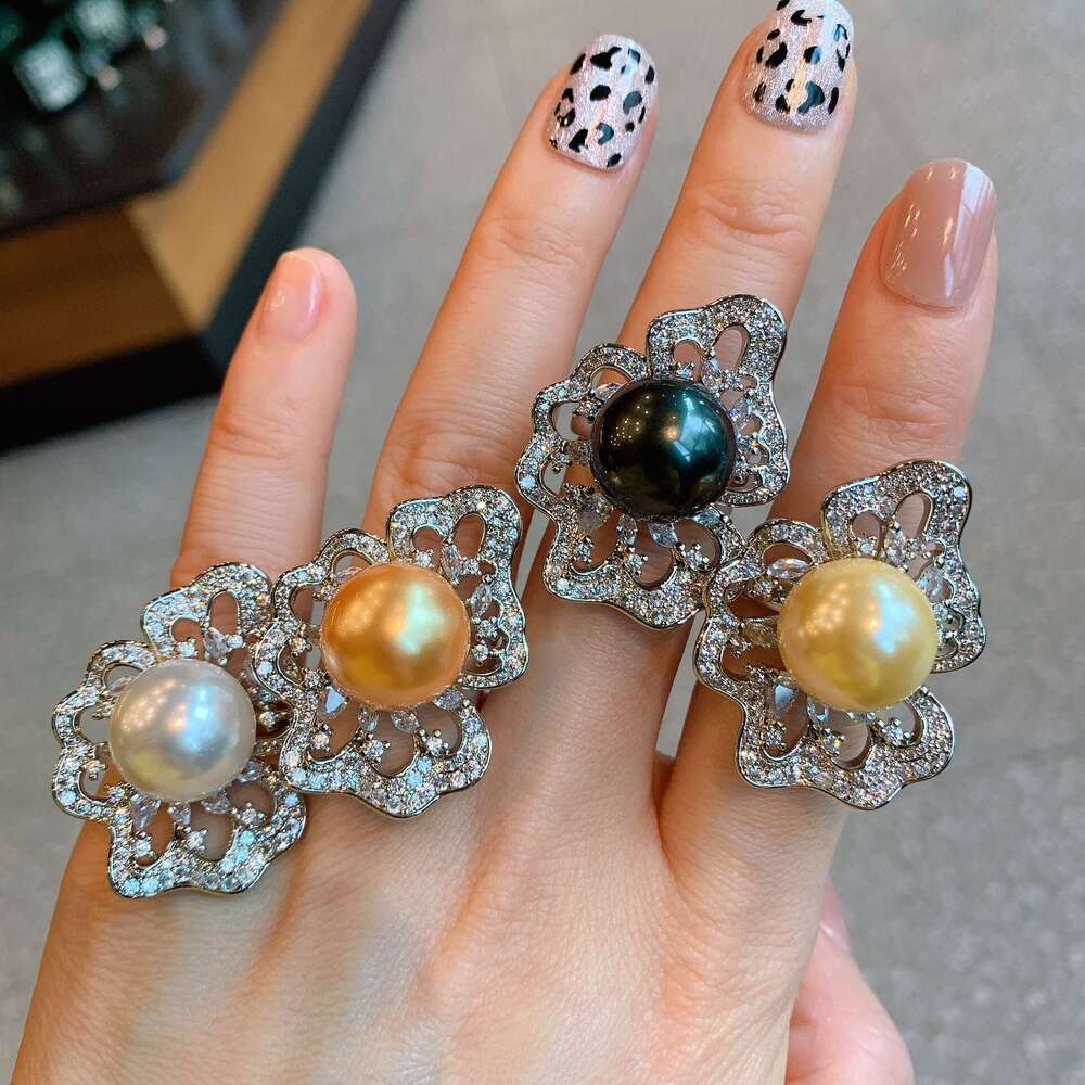 Tiktok Live White Diamond Mother-Of-Pearl Ring Women Adjustable Pearl Jewelry For Banquets 15E