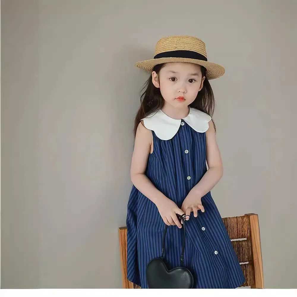 Summer New Childrens Dress Foreign Big Lapel Dark Striped Dress in Small Children Loose Dress Girls Fashionable Dress and Knees R250707