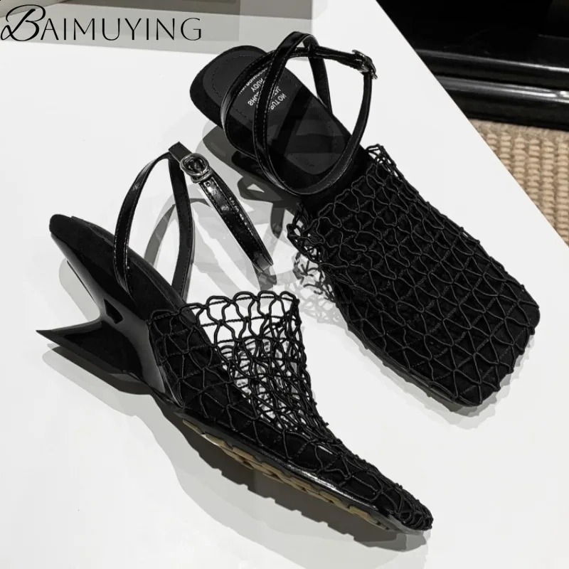 Weave Mesh Women Heeled Sandals Hollow High Heels Shoes Woman Square Toe Slingback 2025 Summer Trend Beach Pumps Sandalias Mujer 250703