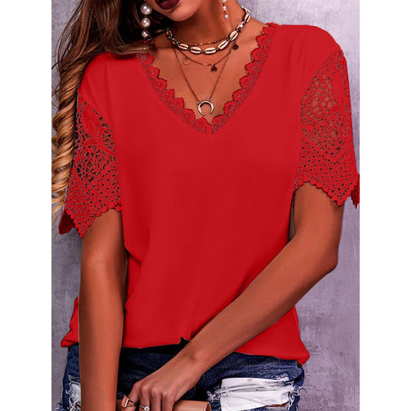 2025 Summer new women's T-shirt new solid color women's T-shirt popular lace collar lace sleeves niche loose V-neck short sleeved T-shirt ne