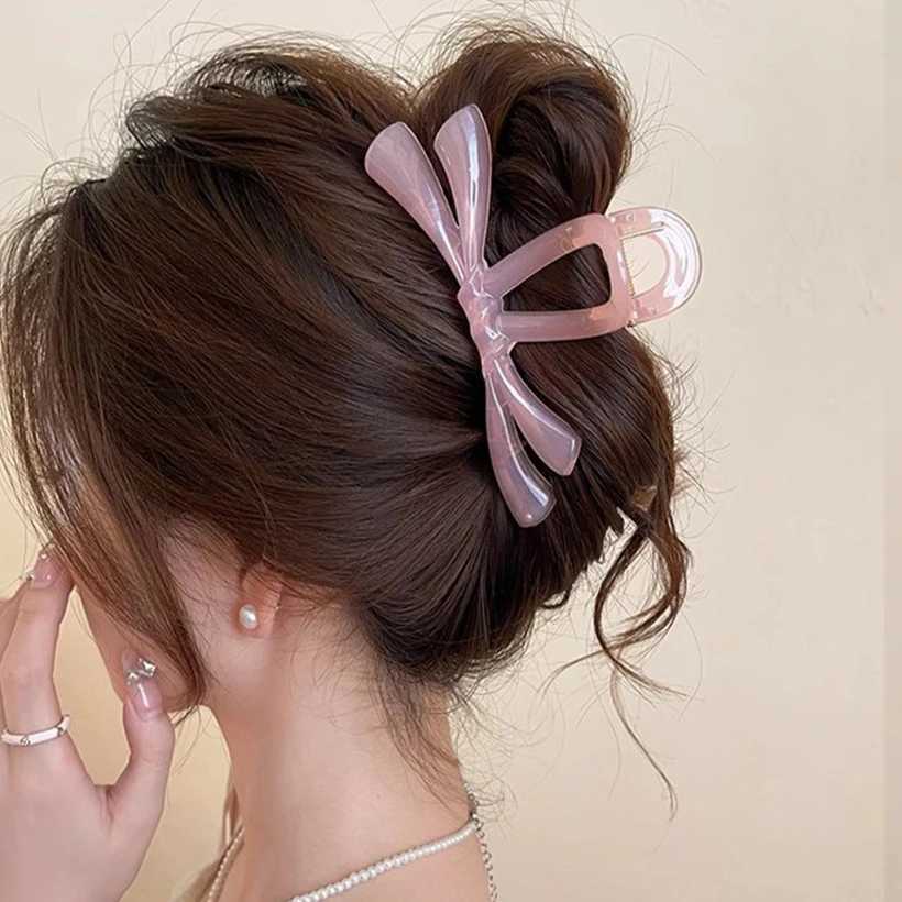 Korean Large Ribbon Hair Claw Crab Barrettes For Women Girls Sweet Acrylic Shark Bow Hair Clip Hairpin Ponytail Hair Accessories Y250707