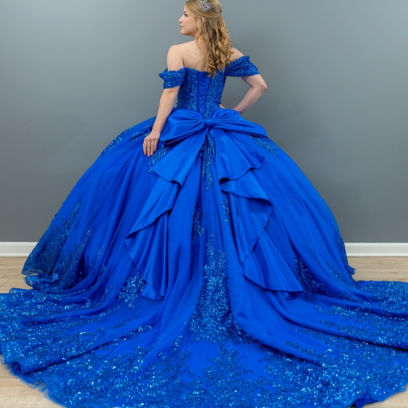 Royal Shiny Quinceanera Dresses Ball Gown Off The Shoulder Sequin Applique Beading Crystal Bow Tull Corset Party Birthday Sweet 16 Dress Vestidos De 1