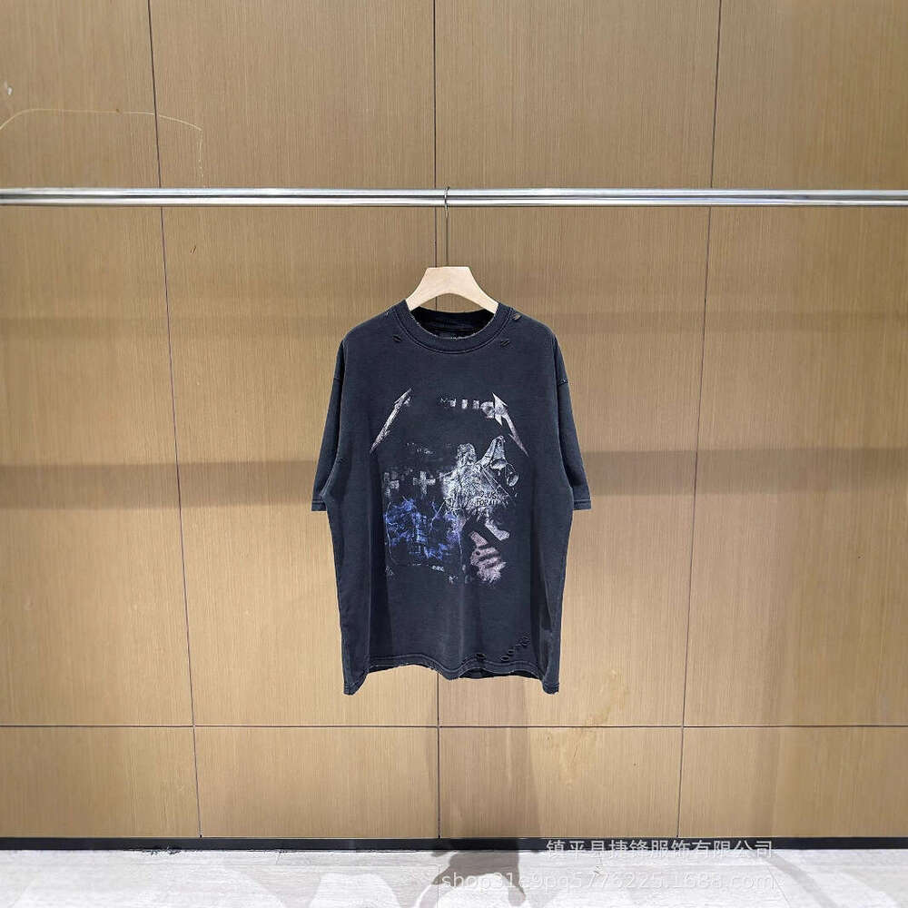 New American Style Letter Print Washed Vintage T-Shirt with Holes Loose Fit High Street Unisex Short Sleeve