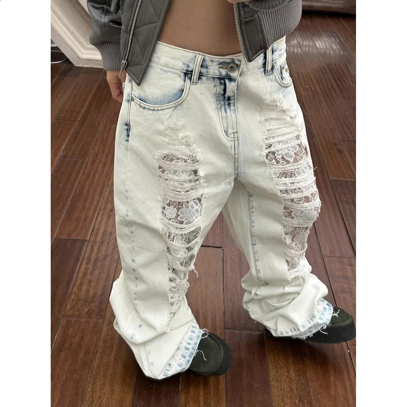 Light Blue Womens Ripped Jeans High Waist Vintage Classic Straight Baggy Denim Pants Street Y2K American Style Wide Leg Denim 250703