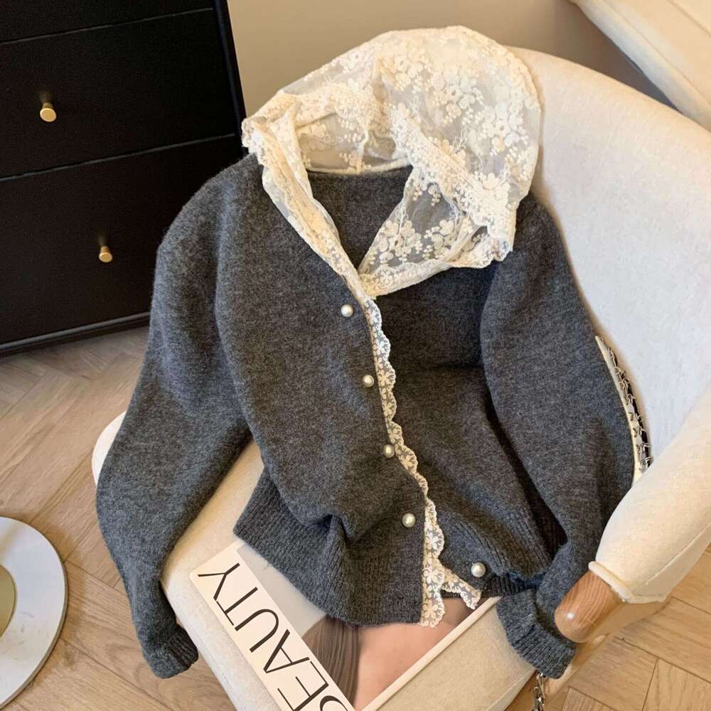French Lace Patchwork Hooded Long Sleeve Knitted For Women Autumn Winter New Versatile Age-Reducing Slimming Sweater Top B5