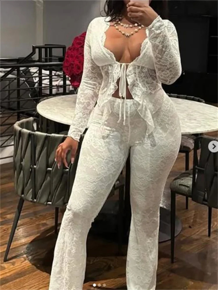 Nwe Spring Fall Lace Womens Sets Long Sleeve Sexy Bandage Top and Flared Pants 2025 Loose Red Clubwear Two 2 Piece Set Outfits 250703