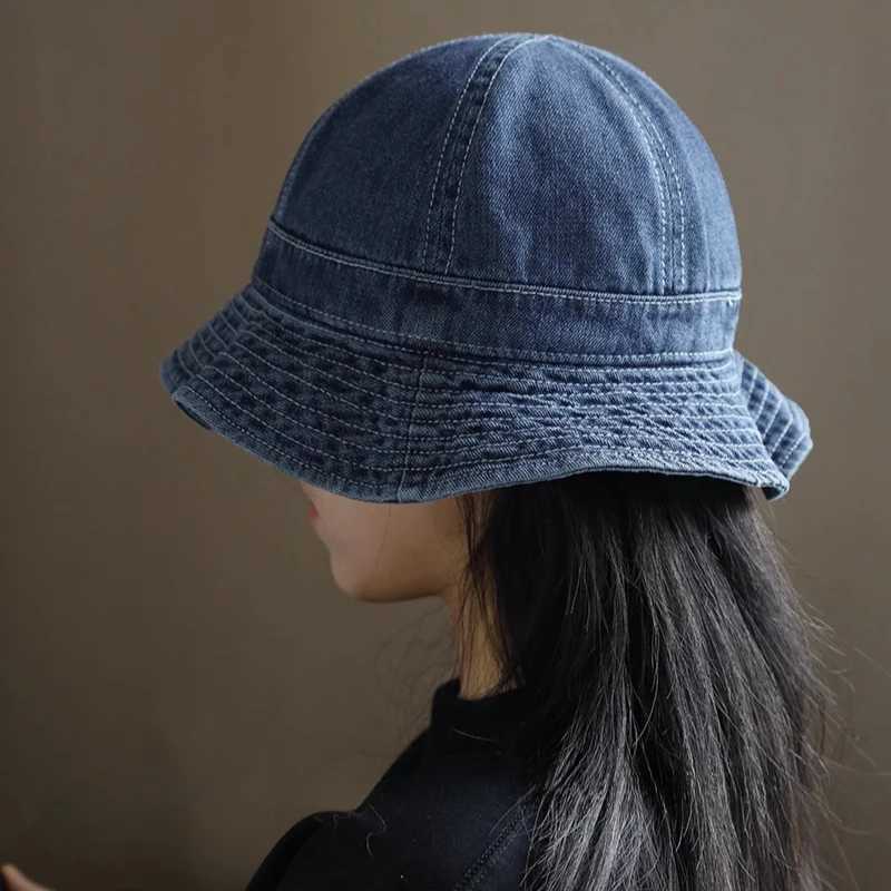Japanese Retro Simple Dome Denim Basin Caps for Women Spring and Summer Travel Casual Versatile Sunscreen Bucket Hats Men Y250707