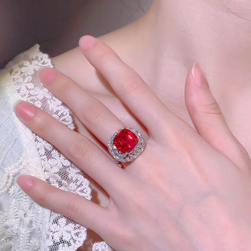 Colorful Treasure Square Color-Plated Pink Yellow Diamond Red Corundum Copper Jewelry Zircon Live Ring Adjustable 7F9