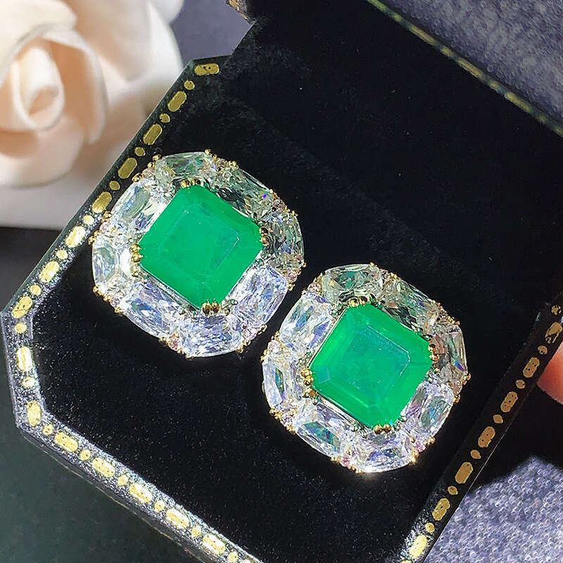 Hua Youmei Jewelry Set Emerald Zircon Square Earrings High-End Elegant Ear Accessories Studs Rings 956