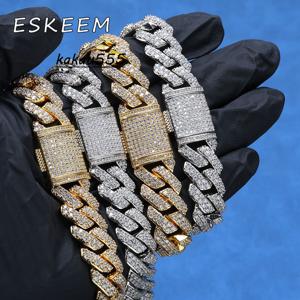 Eskeem 925 Sterling Silver VVS Moissanite 15mm 2 Rows Cuban Link Bracelet Brilliant Shining Jewelry Diamond Test Passed