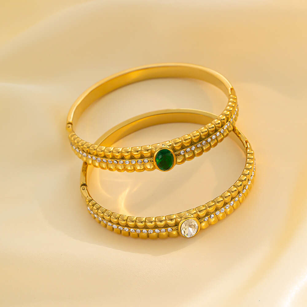 2025 Luxury jewelry designer necklace, vintage women's hollow out inlaid white green zircon stainless steel bracelet, summer gift, party, daily - view 3