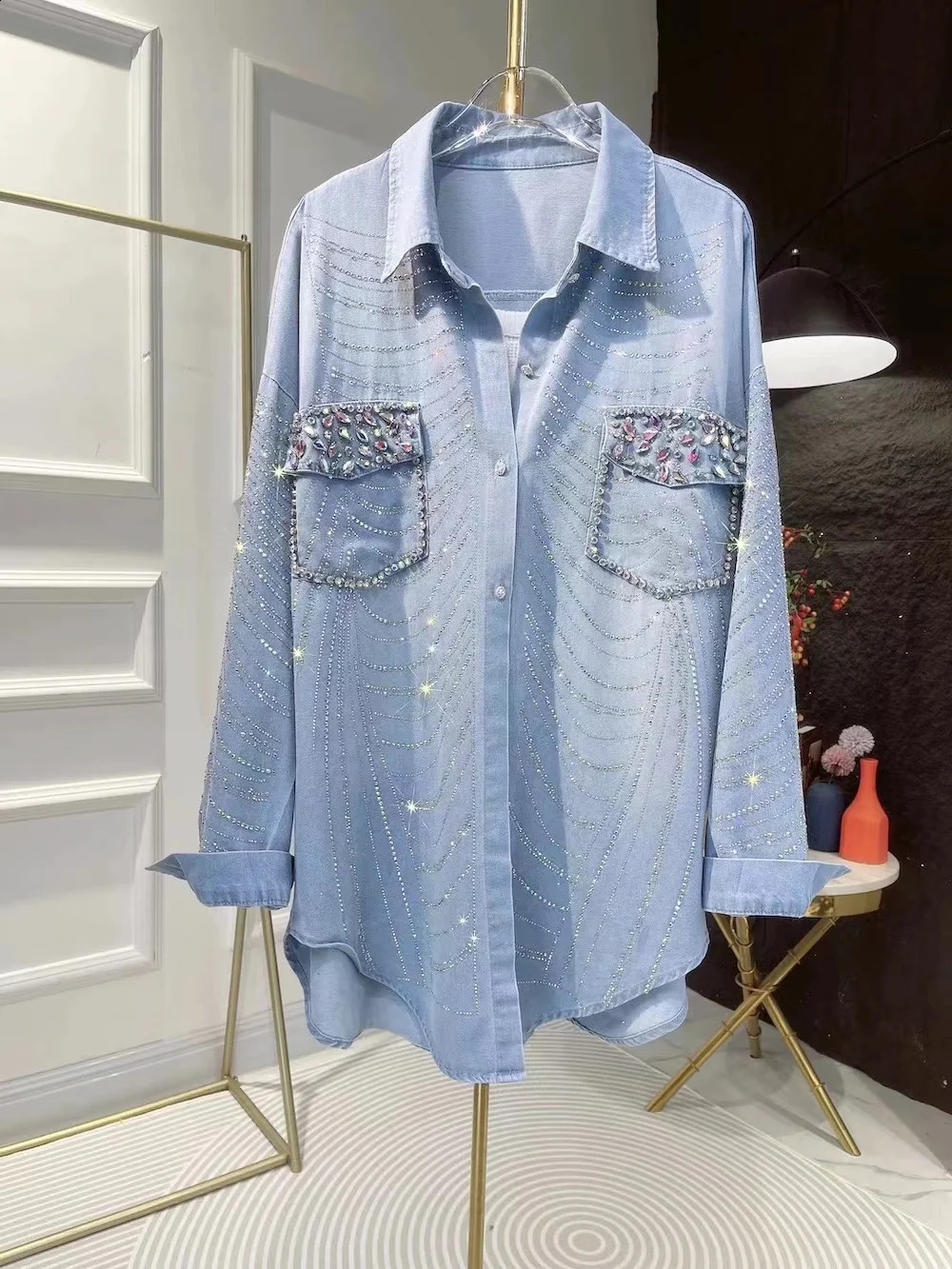 In Autumn Trend Fashionable Drilling Denim Coat Womens Loose Casual Jeans Jacket Woman Clothes 250703
