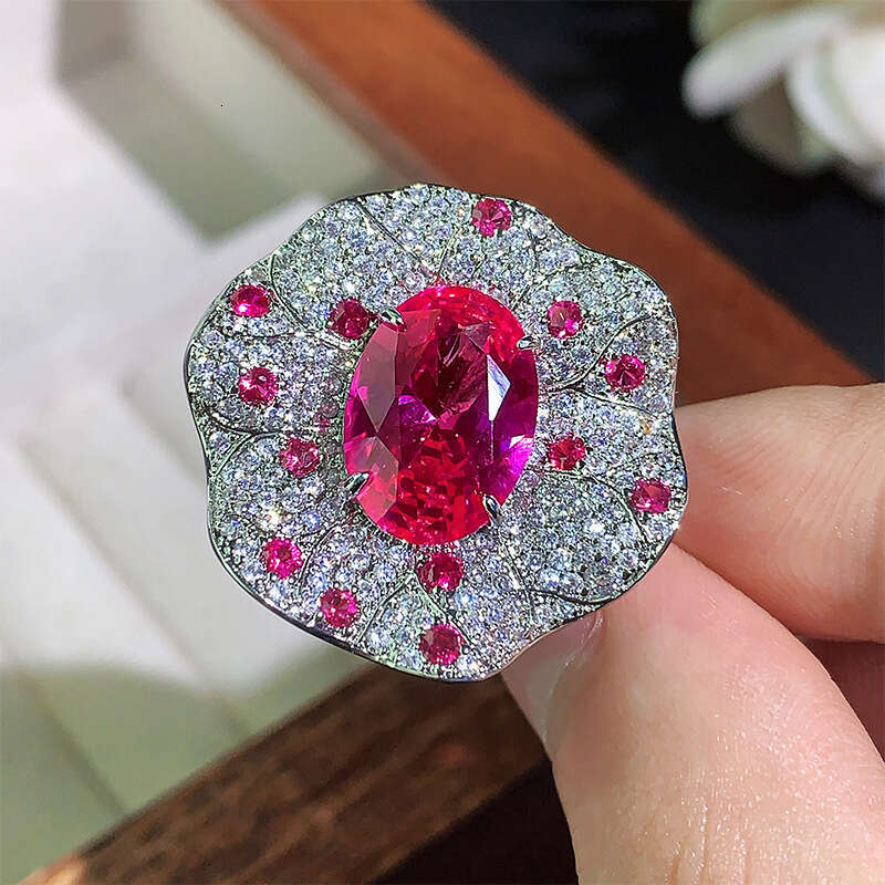 Jewelry New Ring Accessories Colorful Gemstone Red Green Rose Flower Fashion High-End Sense Women's Light Luxury F0e