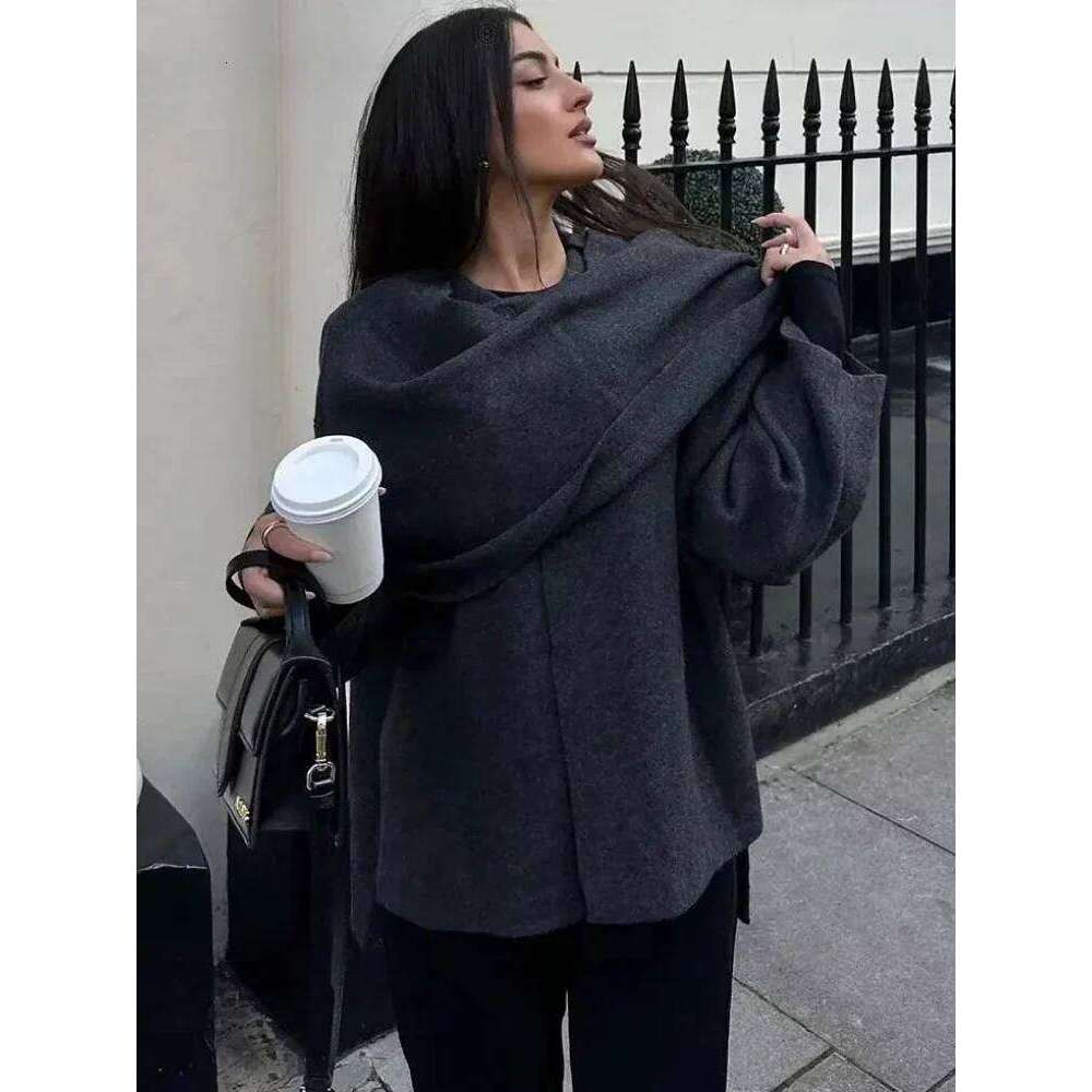 ZBZA Women's Asymmetric Scarf Knitted Jacket O-neck Single Button Side Slit Solid Loose Coat Winter New Female Chic Outerwear