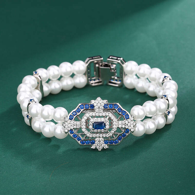 Huayoumei Double Row Pearl Red Corundum Blue Topaz Square Inlaid Bracelet Y546 A66