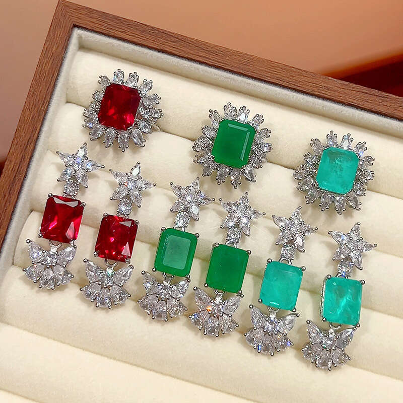 New Set Jewelry Earrings Rings Square Colorful Gemstone Red Corundum Fashion Light Women's Style 428