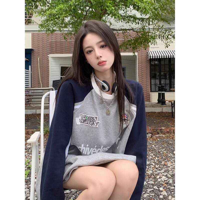 American Style Plus Size Color Block Three-Stripe Crew Neck Sweatshirt Women With Letter Print Design Sense Niche Top For Couples B5