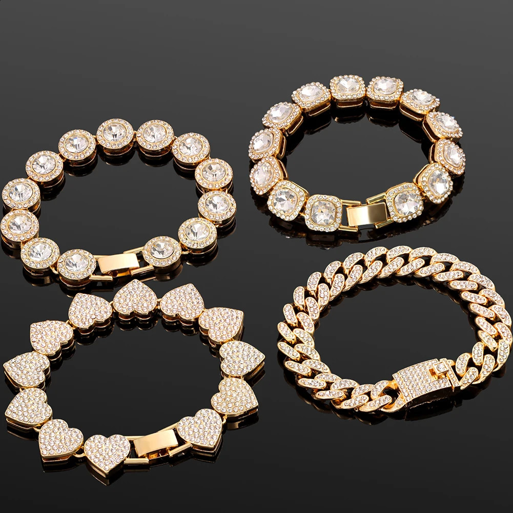 Iced Out Pink Cuban Bracelet for Women Hip Hop Gold Silver Color Crystal Heart Circle Square 4Pcs Set Jewelry Gift 250707