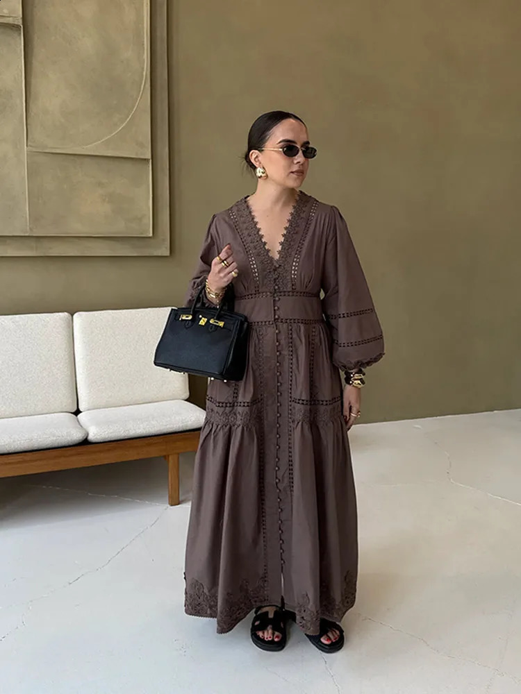 Elegant V Neck Long Puff Sleeve Embroidery Female Dress Chic Hollow Out A line Madi Dresses for Women Fashion Spring Lady Robes 250703