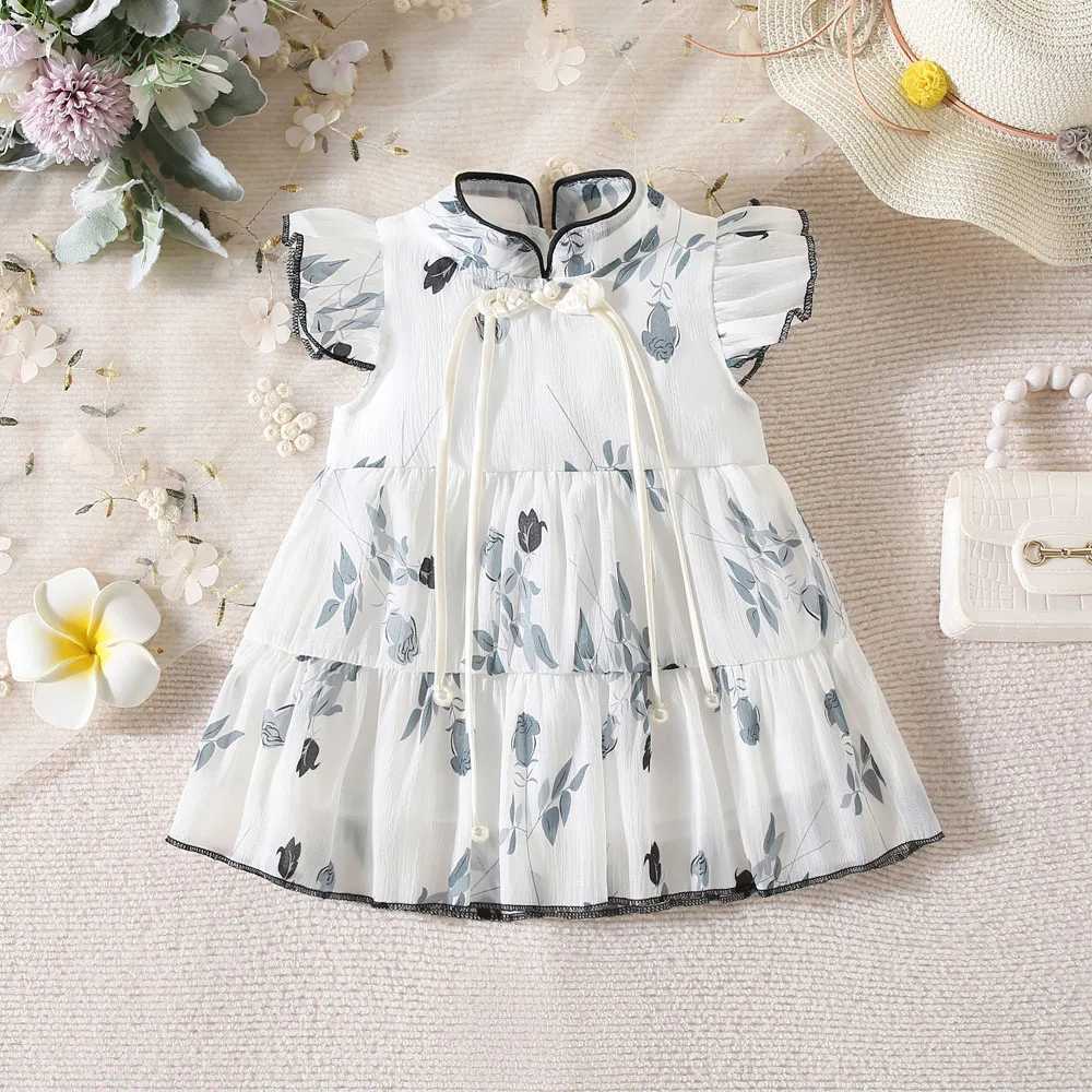 Summer New Girl Baby Dress Hand-painted Green Light and Thin Mesh Flower Small Flying Sleeves Chinese Sweet Princess Dress R250707