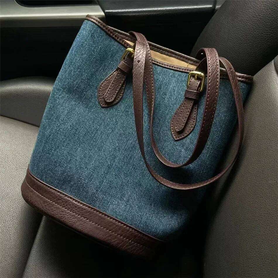 Vintage Cowboy Women Bucket Shoulder Bags Large Capacity Brand Designer Patchwork Ladies Handbags Denim Big Totes Blue