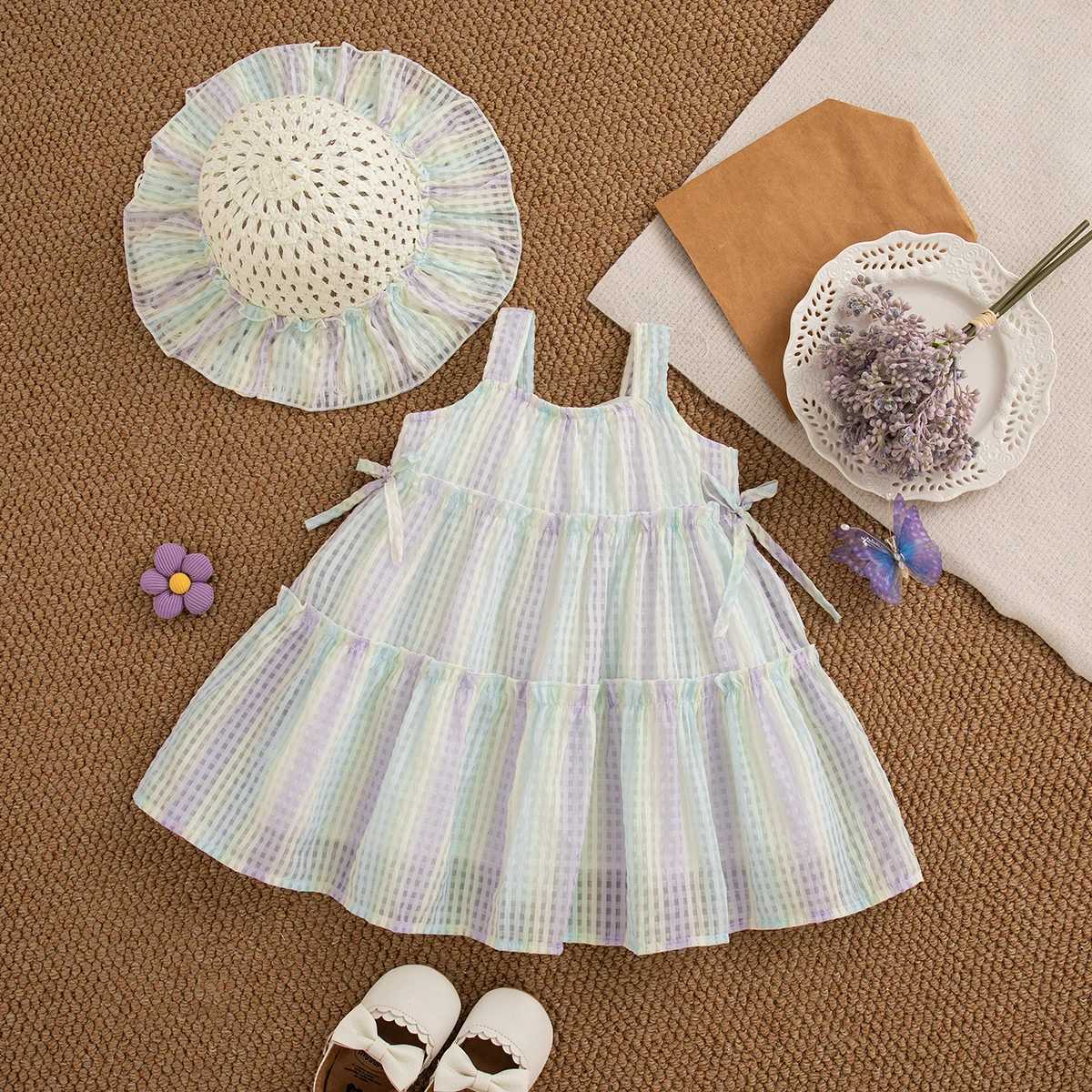 Girl Pink Dress Bow Colorful Plaid Print Suspender Girl Princess Dress Summer Beach Vacation Costume with Hat R250707