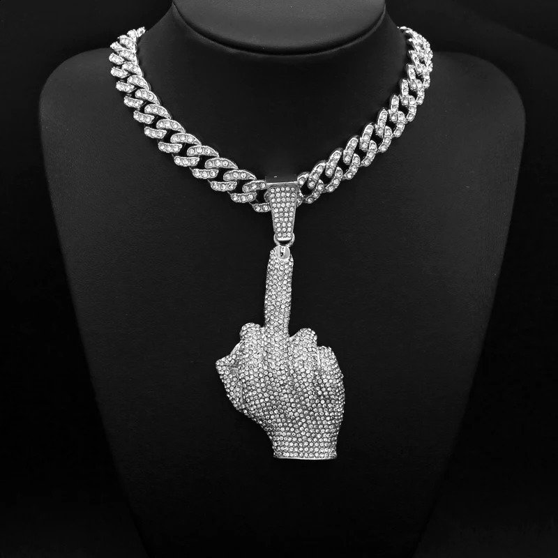 Hip Hop Big Polite Gesture Middle Finger Pendant Necklace with 11mm Crystal Cuban Chain HipHop Iced Out Necklaces for Men and Women 250707
