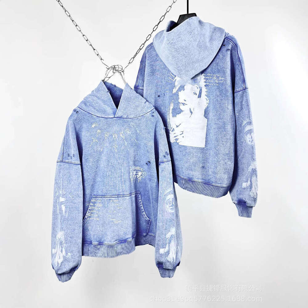 2025 New American Style Portrait Washed Vintage Trendy Brand Distressed Printed Loose Pullover Hoodie