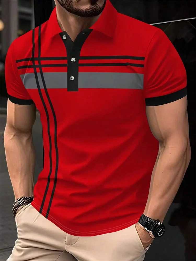 Fashion Stripe Print Polo T Shirt For Men Casual Lapel Loose Short Sleeve Tops Business Golf Clothing Comfortable Trend T-shirt Y250707 Y250707